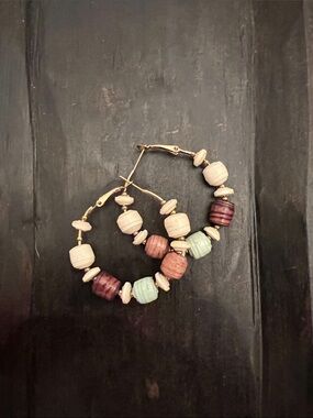 Boho Beaded Hoop Earrings with Mint, Brown & Cream Accents